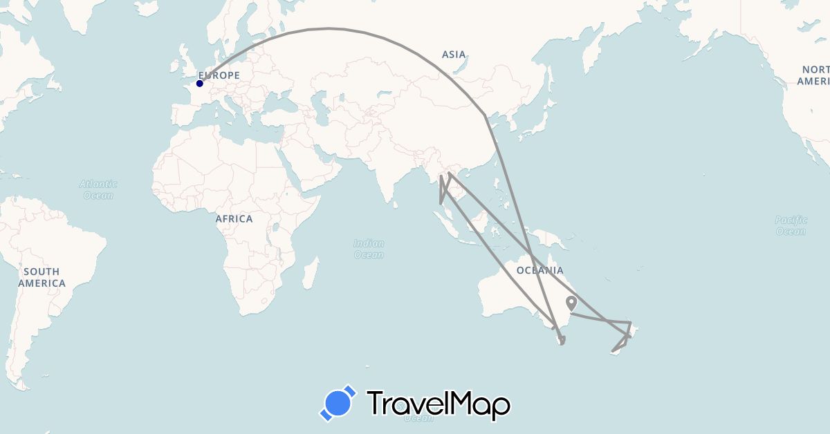 TravelMap itinerary: driving, plane in Australia, China, France, Laos, New Zealand, Thailand (Asia, Europe, Oceania)